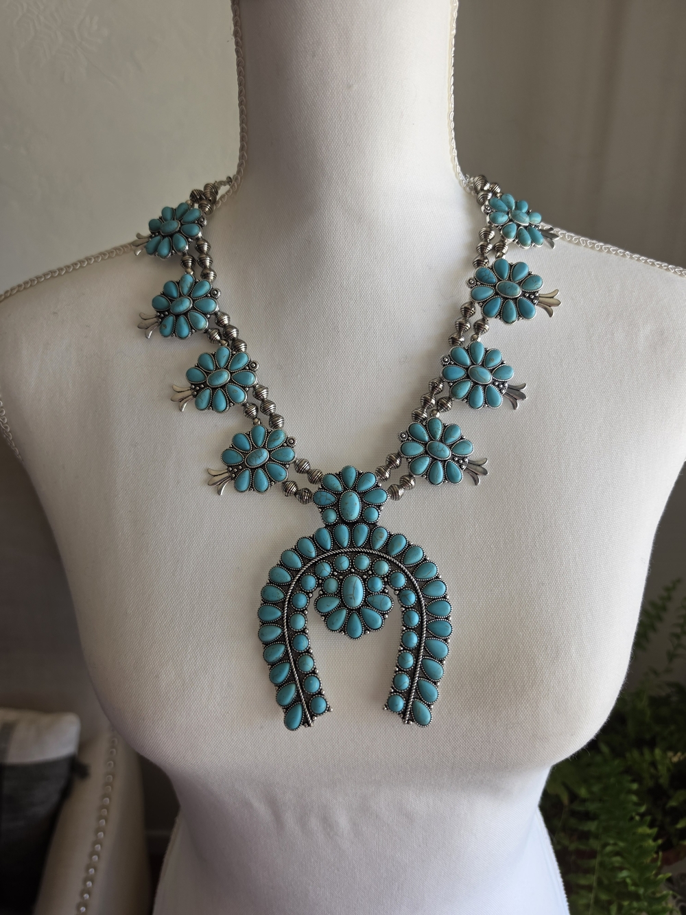 Turquoise Floral Squash Blossom Necklace & Earrings - Women Jewelry